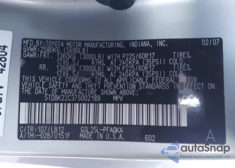 2007 Toyota Sienna Xle Limited из США, поврежденный, VIN 5TDBK22C37S002189